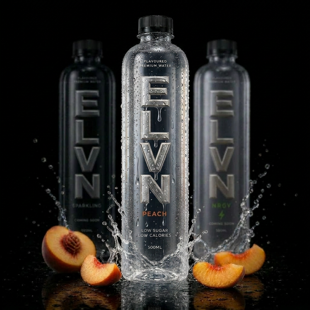 ELVN premium water — three bottles with peach splash